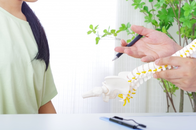 志木駅の整骨院で模型で説明を受ける女性